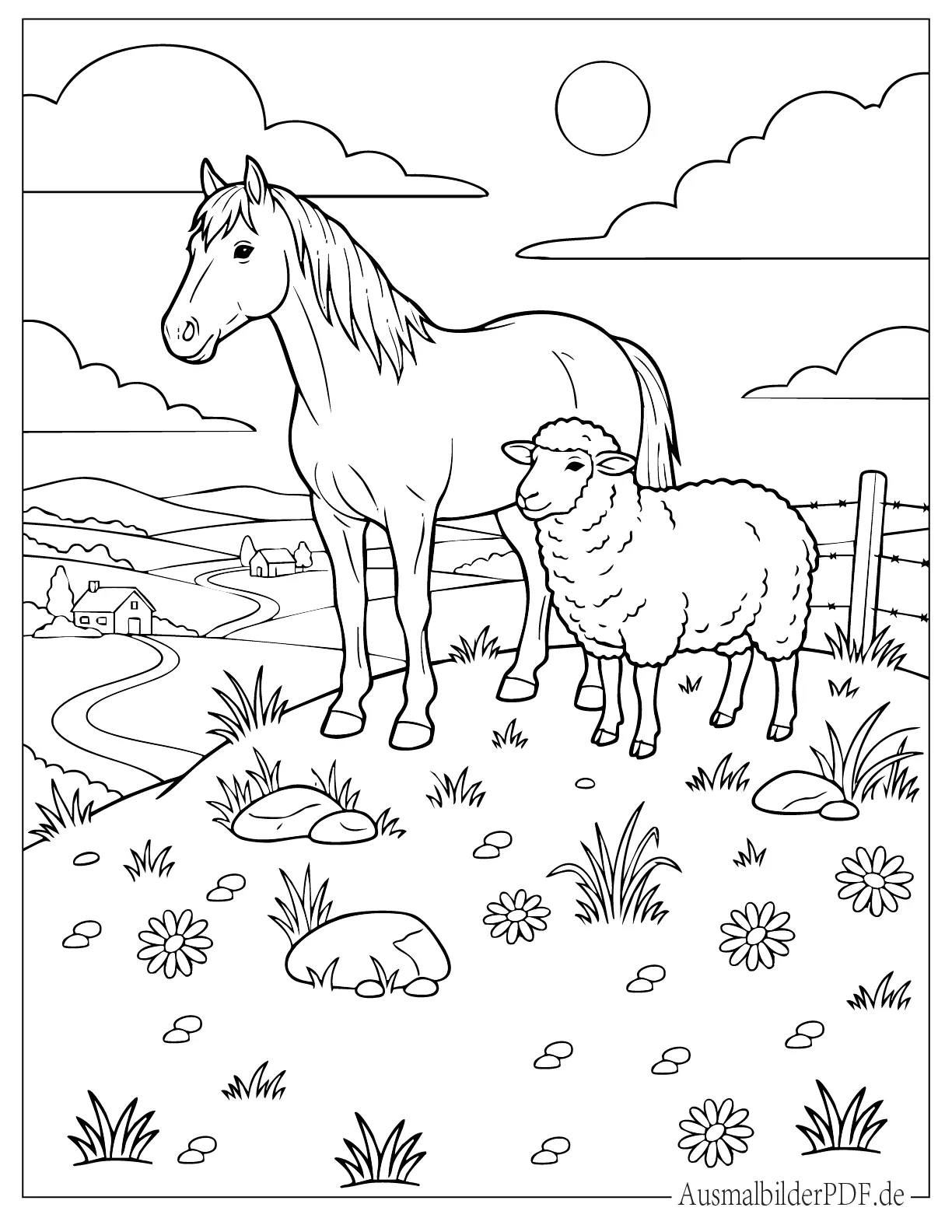 Pferd und Schaf auf einem Hügel Malvorlage