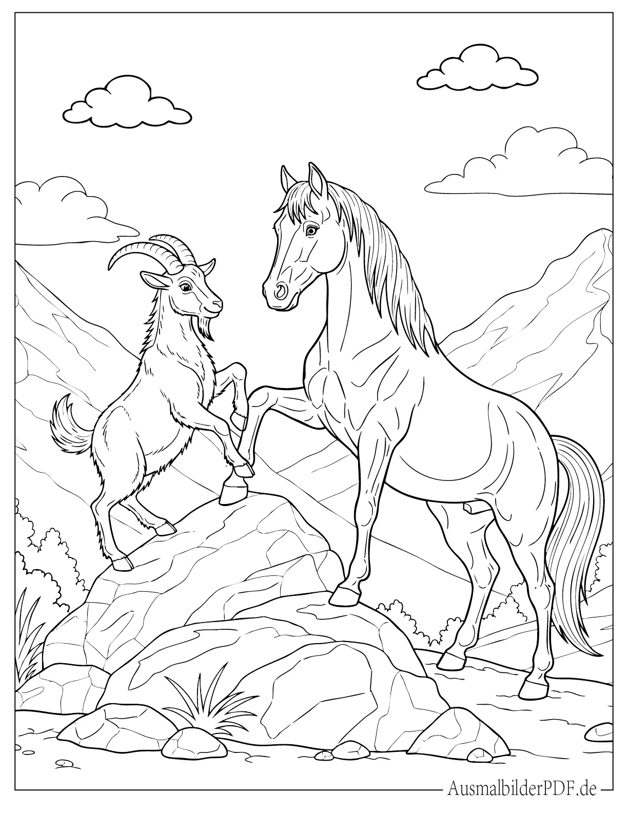 Pferd und Ziege klettern zusammen auf Felsen Ausmalvorlage