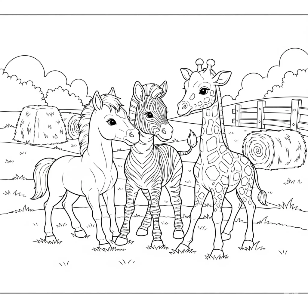 pferde ausmalbilder kinder mit zebra giraffe und pferd auf einem bauernhof als unterhaltsame vorlage zum ausmalen