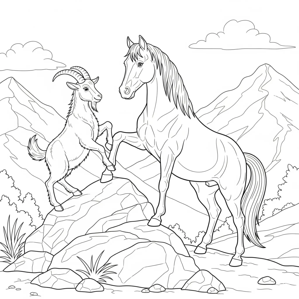 ein pferd und eine ziege erklimmen gemeinsam felsige hügel in einer berglandschaft malvorlage zum ausmalen für kinder und erwachsene