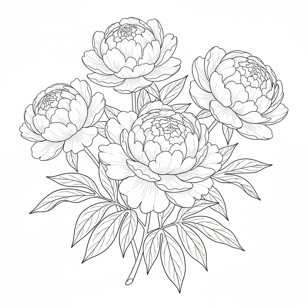 30+ Blumen Ausmalbilder (Gratis Malvorlage zum Ausdrucken) Ausmalbild mit Pfingstrosen und Blättern als PDF Vorlage zum Ausdrucken für Kinder und Erwachsene geeignet