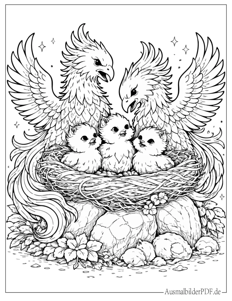 Ausmalbild einer Phönix Familie, perfekt für Kinder und Erwachsene zum Ausdrucken und Ausmalen