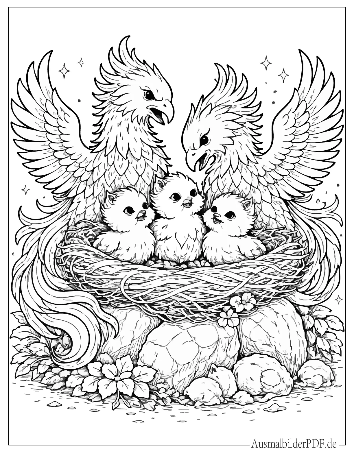 Phönix Ausmalbilder (Gratis zum Ausdrucken und Ausmalen) Phönix Familie mit Babys im Nest Ausmalvorlage