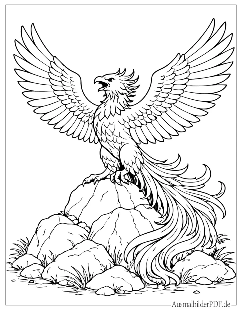 Malvorlage eines Phönix auf einem Felsen, ideal zum Ausmalen für Kinder und Erwachsene