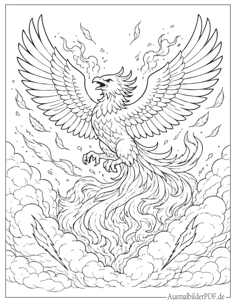 Ausmalbild eines Phönix für Kinder und Erwachsene, perfekt zum Ausdrucken