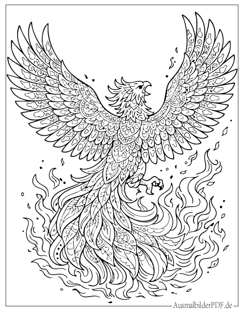 Malvorlage eines Phönix Mandalas zum Ausmalen für Erwachsene, ideal für entspannende Kreativzeit