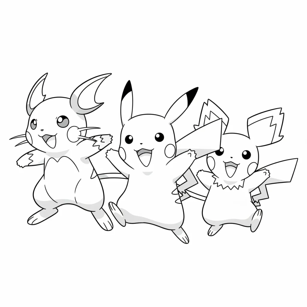 Diese Ausmalvorlage zeigt Pichu, Raichu und Pikachu beim gemeinsamen fröhlichen Tanzen – perfekt für kreative Kinder und echte Pokémon-Fans.