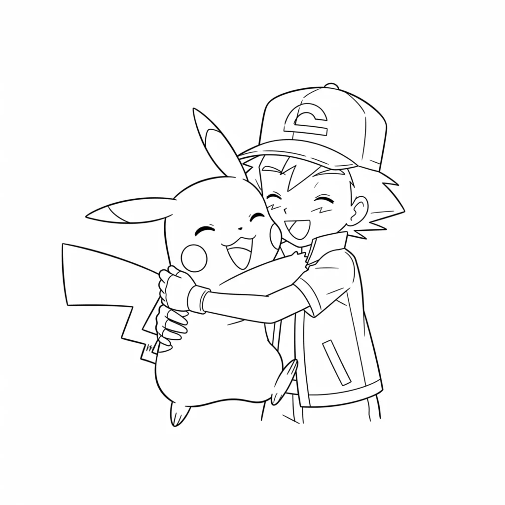 Diese Ausmalvorlage zeigt einen emotionalen Moment, in dem Pikachu und Ash sich herzlich umarmen – perfekt für Kinder mit Liebe zu Pokémon.