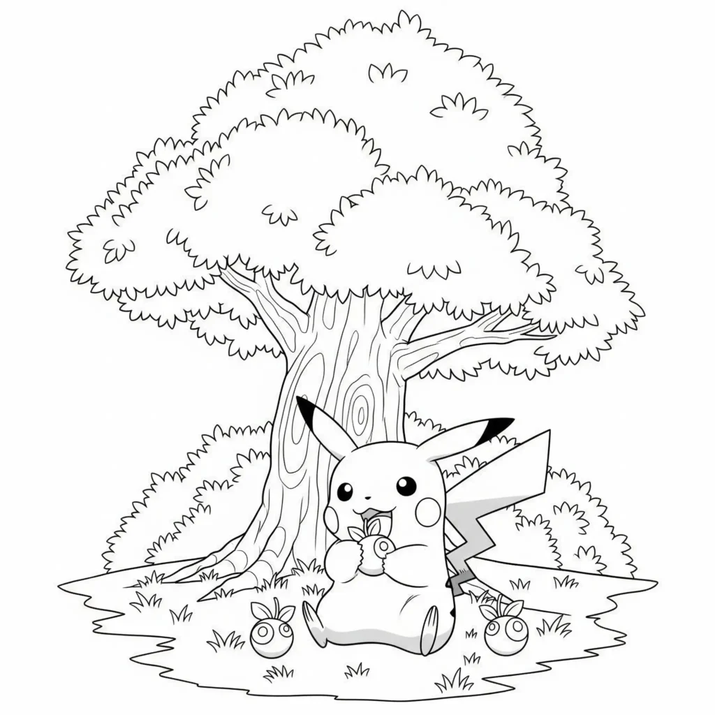 Dieses Ausmalbild zeigt Pikachu, wie er genüsslich Beeren isst – ein niedliches Motiv, das sich perfekt für junge Pokémon-Fans eignet.