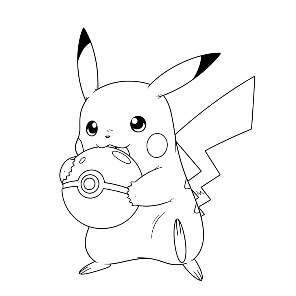 Diese Ausmalvorlage zeigt Pikachu, wie er spielerisch in einen Pokéball beißt – ein witziges Motiv für Kinder, die Pokémon kreativ gestalten möchten.
