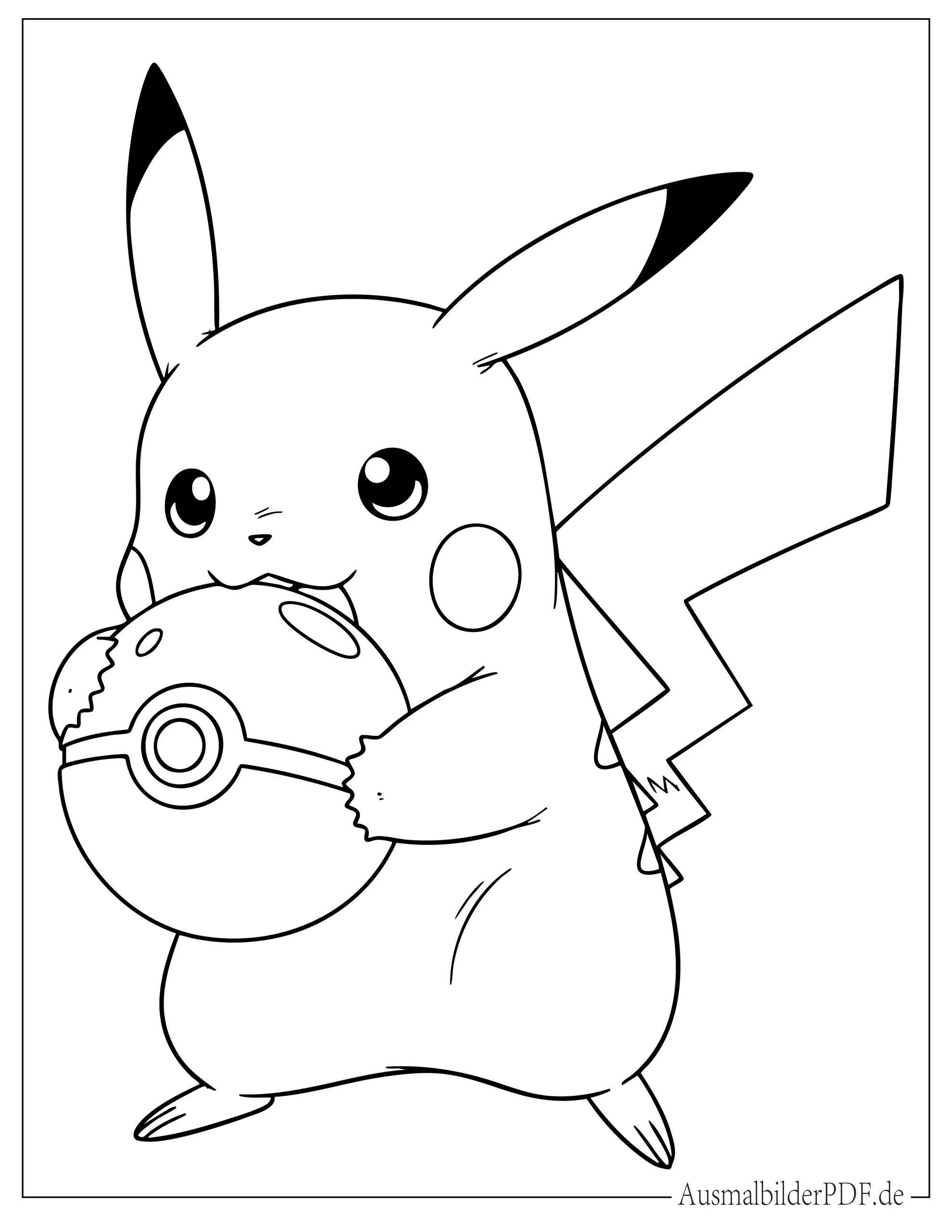 Süßes Pikachu beißt Pokéball Ausmalbild