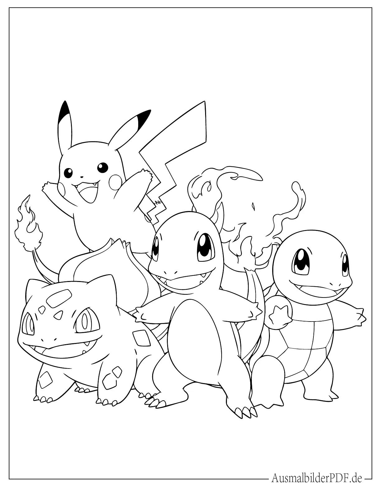 Pokemon Pikachu mit Glumanda, Schiggy und Bisasam zum Ausmalen