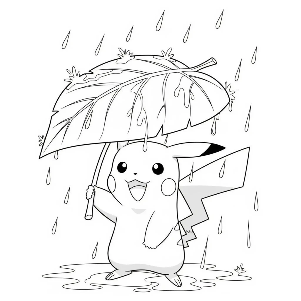 Diese Ausmalvorlage zeigt Pikachu im Regen stehend, wie er sich mit einem großen Blatt vor den Tropfen schützt – ideal für kreative Kinderhände.