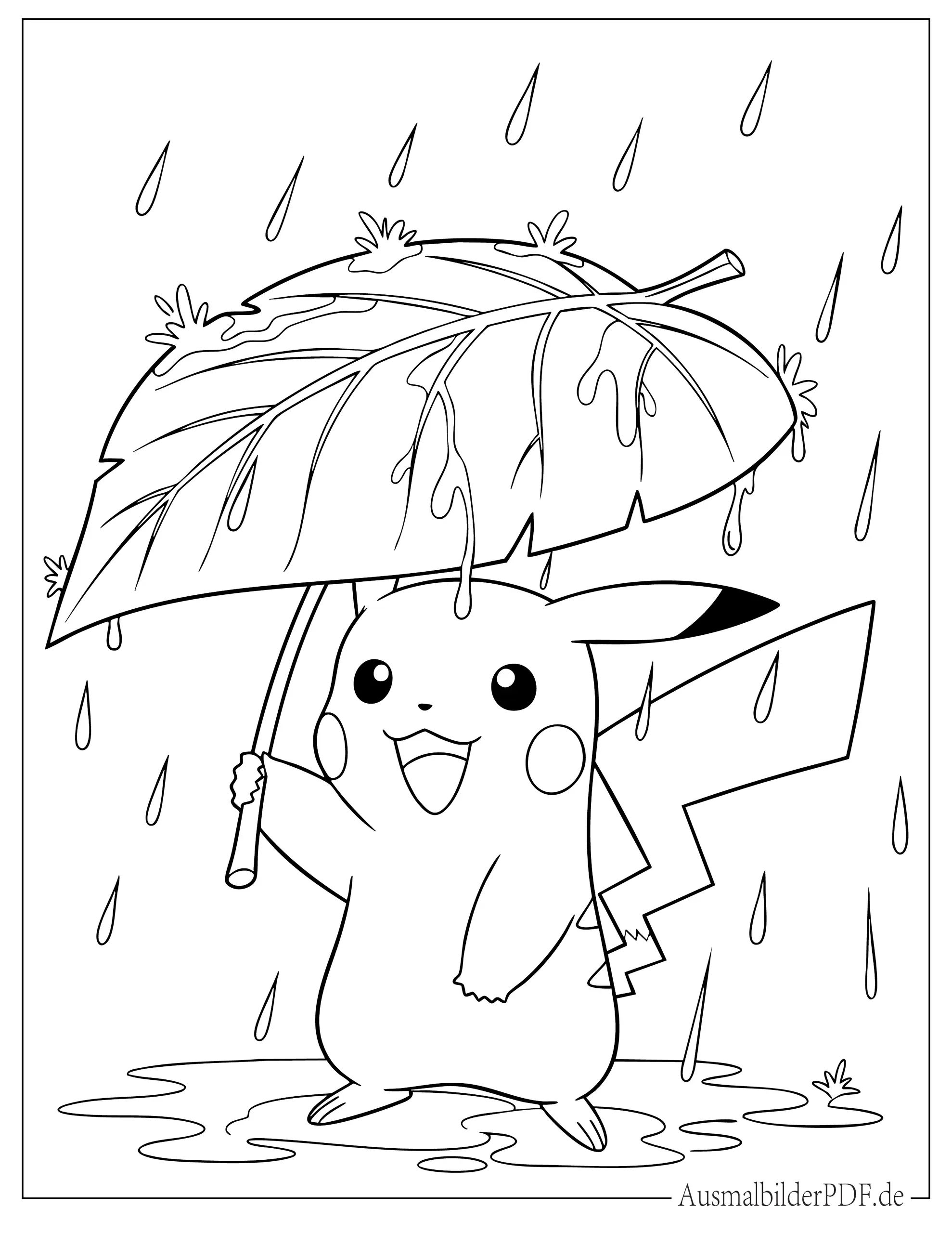 Ausmalbild Pikachu im Regen hält Blatt Regenschirm