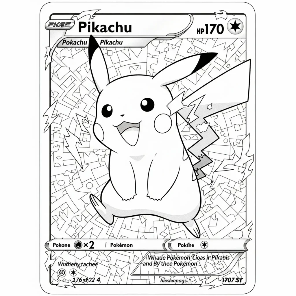 Diese Ausmalvorlage zeigt eine detaillierte Pokémon-Sammelkarte mit Pikachu als Hauptmotiv – ideal für Kinder, die feine Linien gern ausmalen.