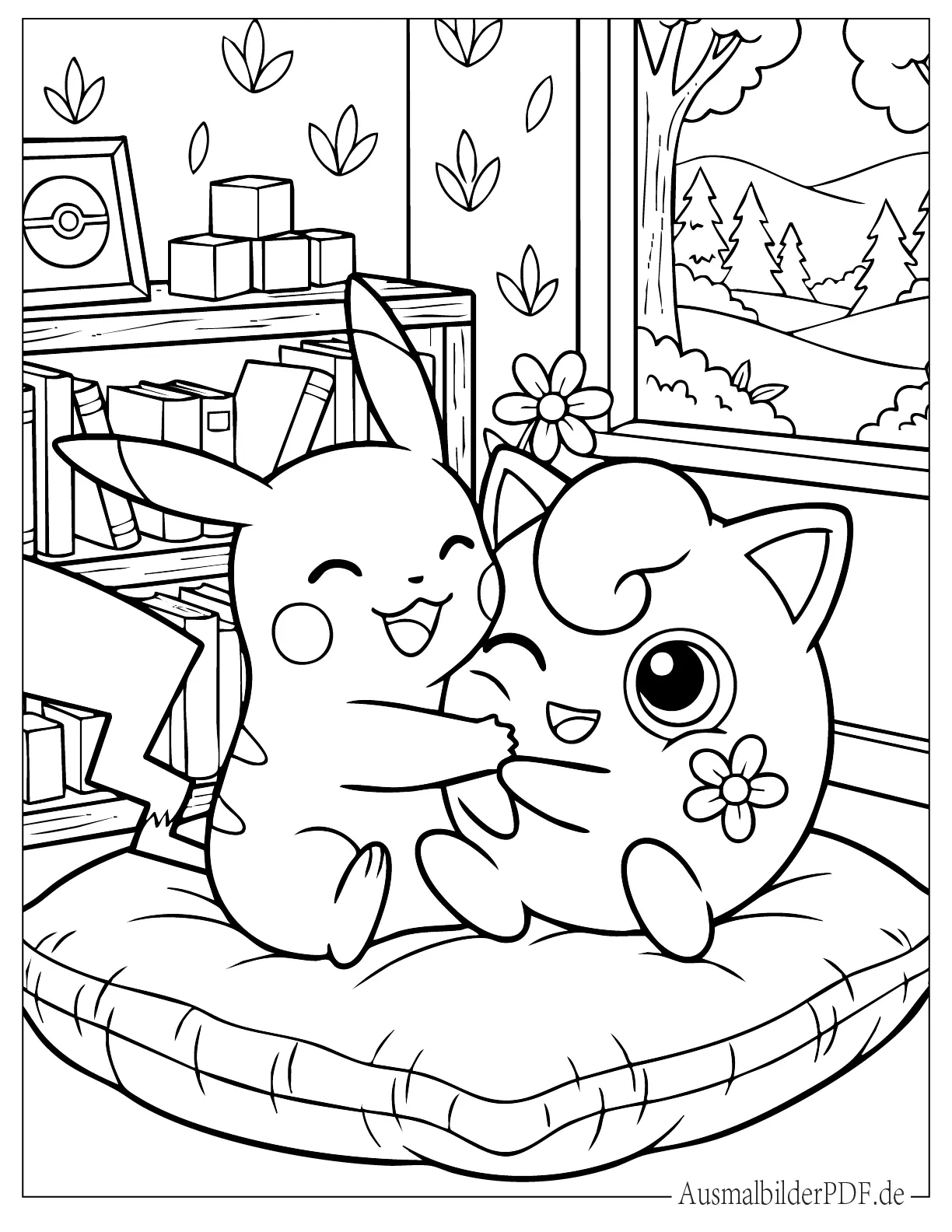 Niedliches Pikachu umarmt Pummeluff Ausdruckbare Ausmalbild