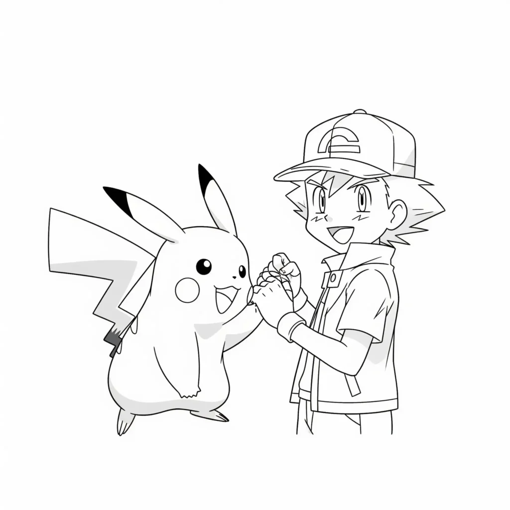 Diese Ausmalvorlage zeigt Pikachu zusammen mit Ash Ketchum in einer freundschaftlichen Szene – perfekt für Kinder, die beide Helden mögen.
