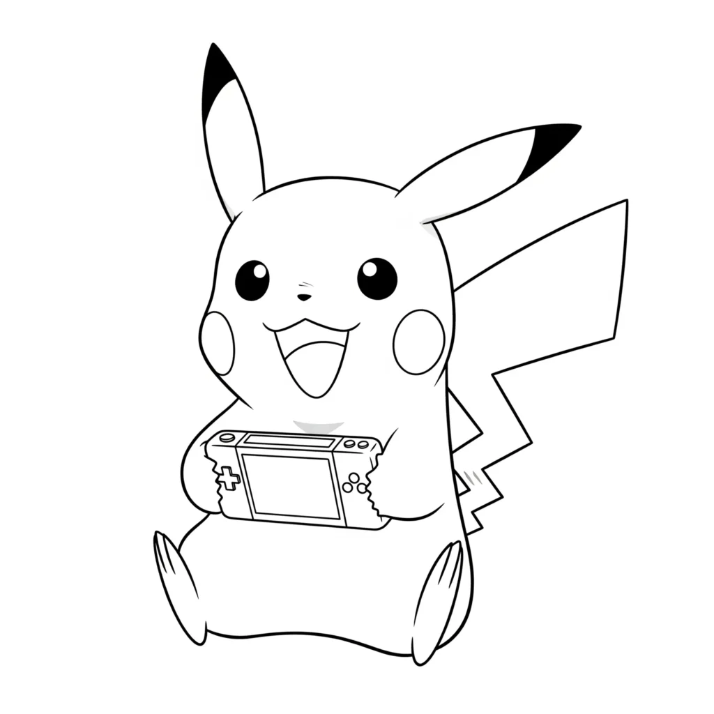 Witziges Ausmalbild von Pikachu mit einem Game-Controller in der Hand, wie er konzentriert ein Videospiel auf dem Bildschirm spielt.