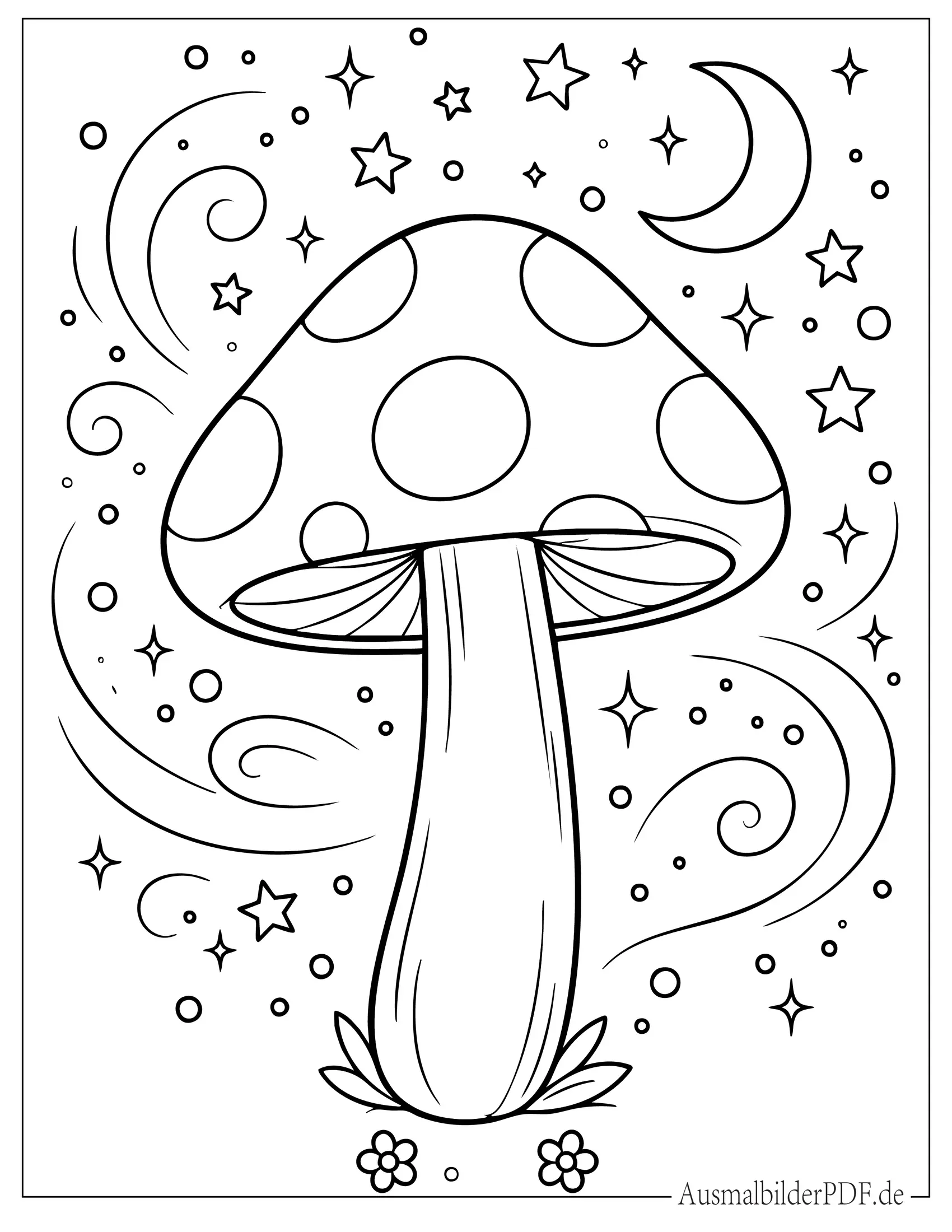 Pilz mit gepunkteter Kappe und glitzerndem Hintergrund Ausmalbild für Kinder