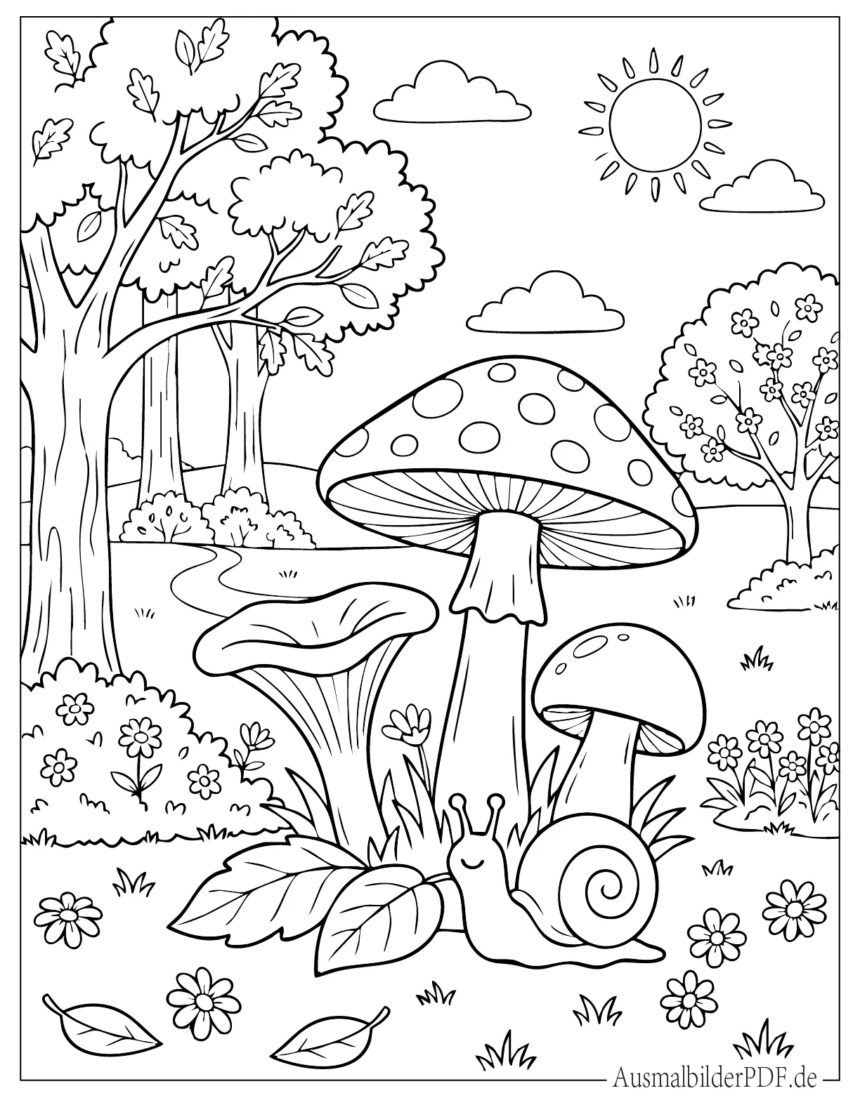 Verschiedene Pilze in der Wildnis mit Schnecke Malvorlage