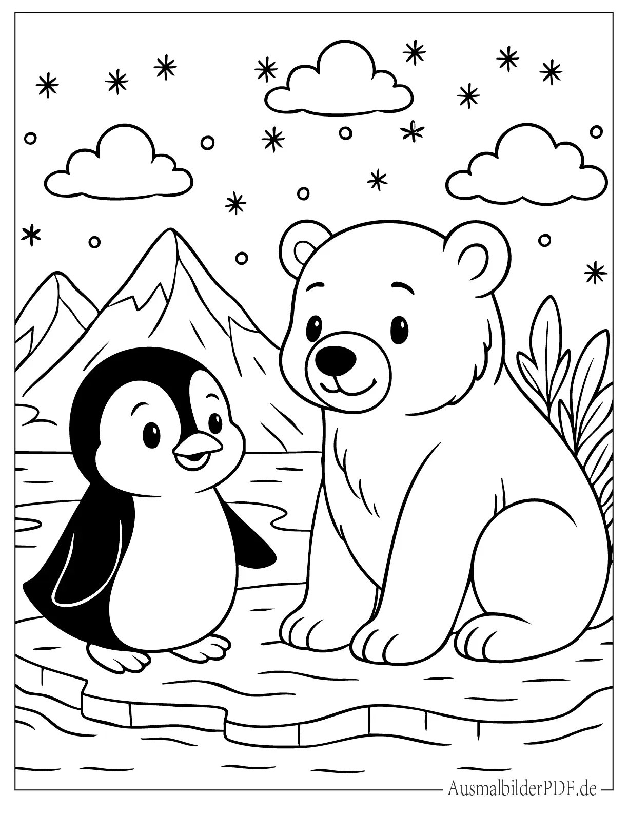 Pinguin und Eisbär sitzen auf Eis Ausmalbild