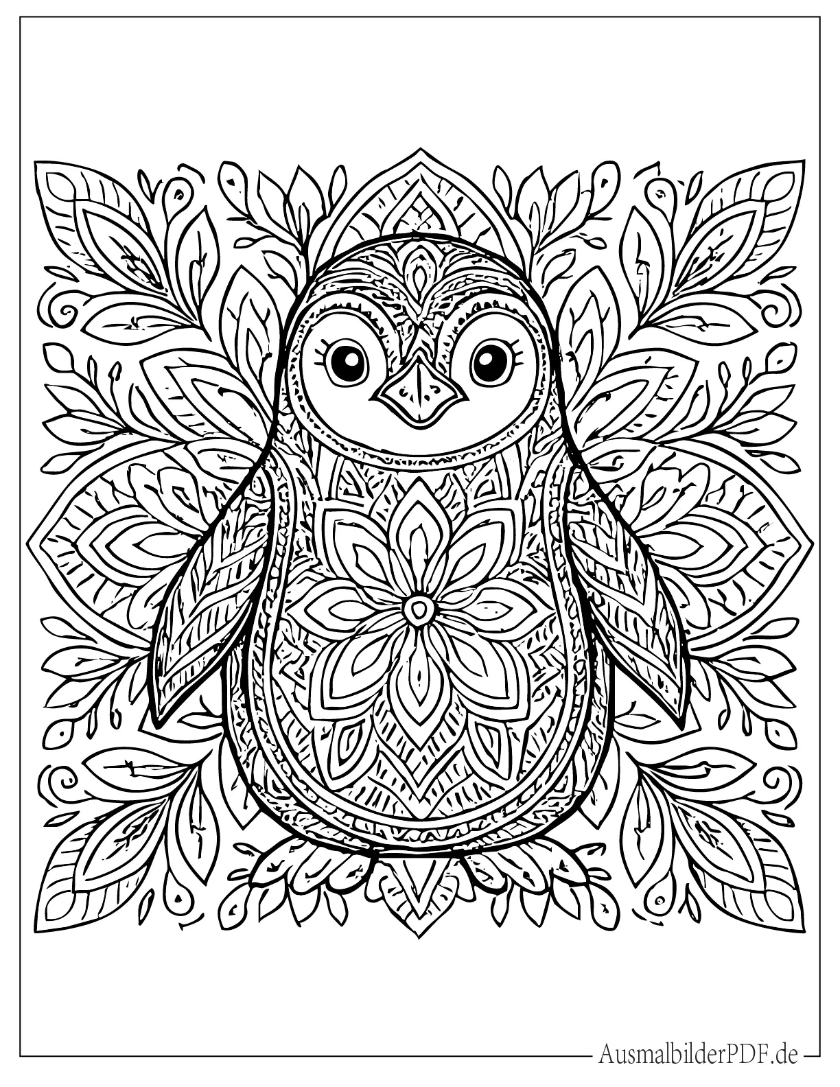 Detailliertes Pinguin Mandala Ausmalbild für Erwachsene