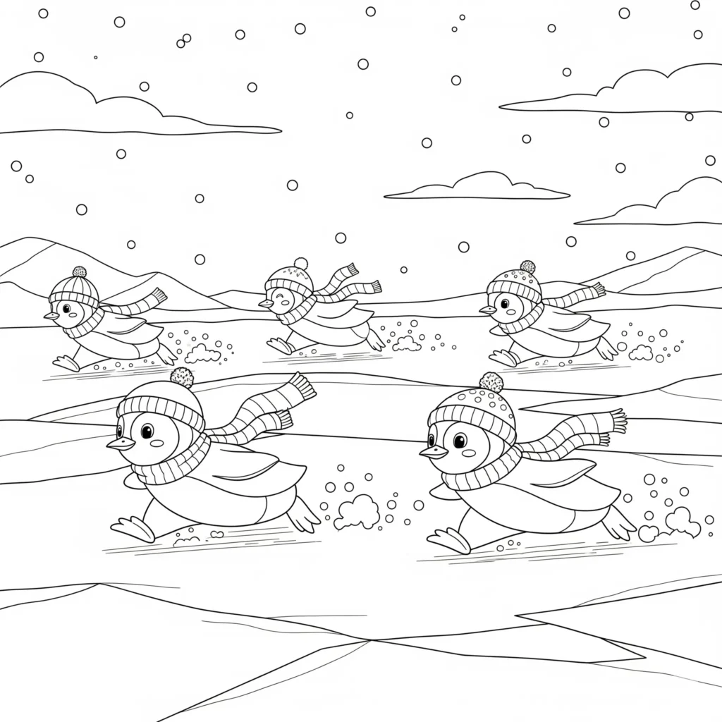 20+ Ausmalbilder Winter (Kostenlos Malvorlage zum Ausdrucken) Ausmalbild mit fröhlichen Pinguinen, die auf einer Eisfläche rutschen, während Schneeflocken vom Himmel fallen.