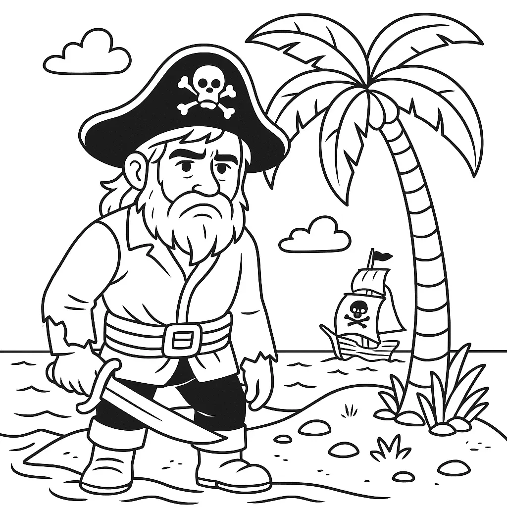 Pirat gestrandet auf einer einsamen Insel mit Palme – Piraten Ausmalbild zum Ausdrucken