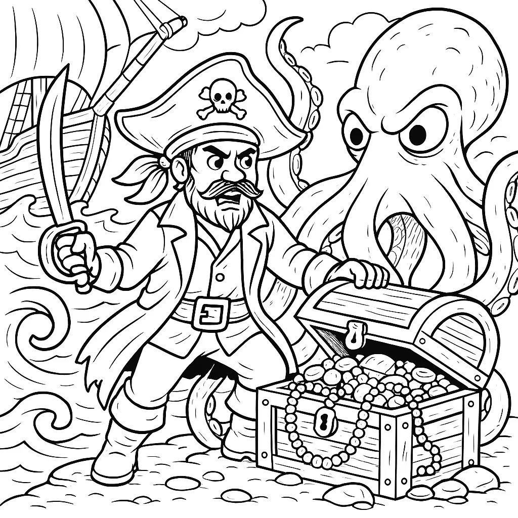 Pirat kämpft gegen riesigen Kraken auf dem Schiff –  Piraten Ausmalbild