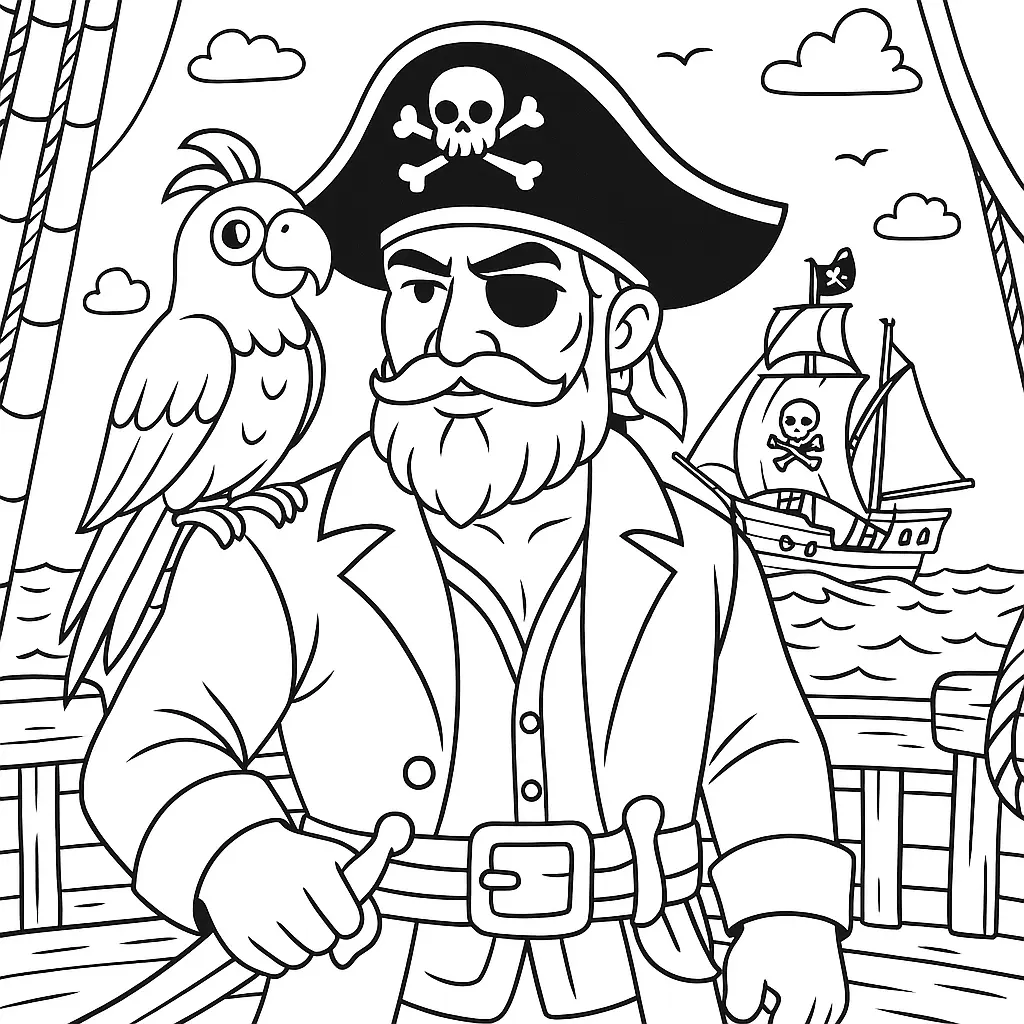 Pirat mit Papagei auf der Schulter auf einem Schiff – Sauberes Piraten Ausmalbild zum Ausdrucken