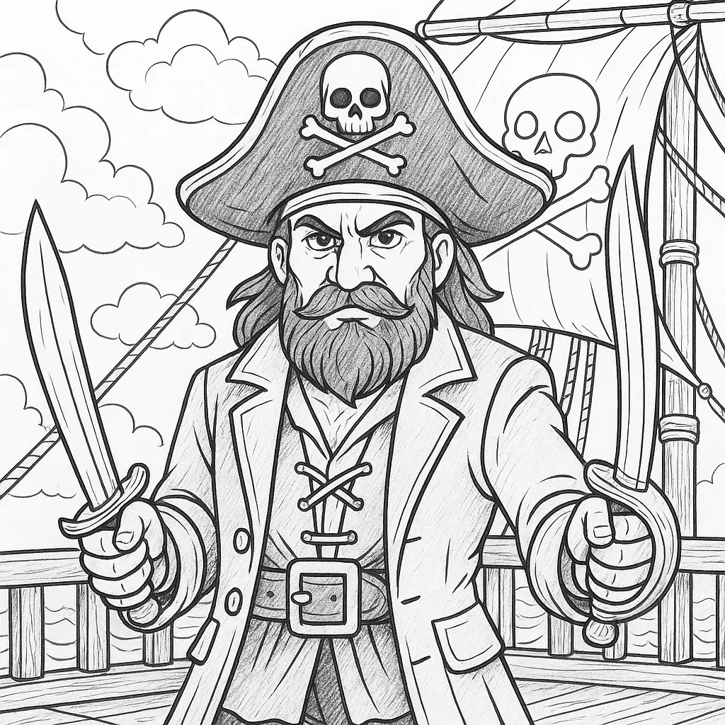 Piraten Ausmalbild – entschlossener Pirat mit zwei Schwertern auf einem Piratenschiff