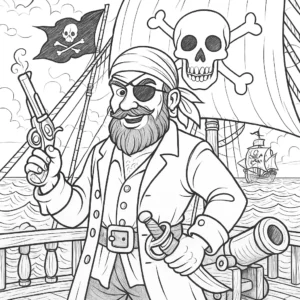 Piraten Ausmalbilder – mutiger Pirat mit Augenklappe auf einem Piratenschiff mit Totenkopfflagge