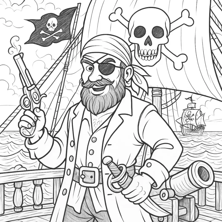 Piraten Ausmalbilder – mutiger Pirat mit Augenklappe auf einem Piratenschiff mit Totenkopfflagge