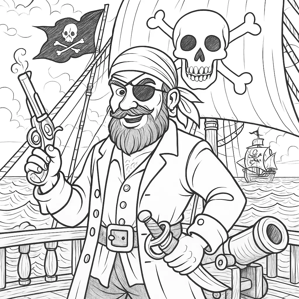Piraten Ausmalbilder – mutiger Pirat mit Augenklappe auf einem Piratenschiff mit Totenkopfflagge
