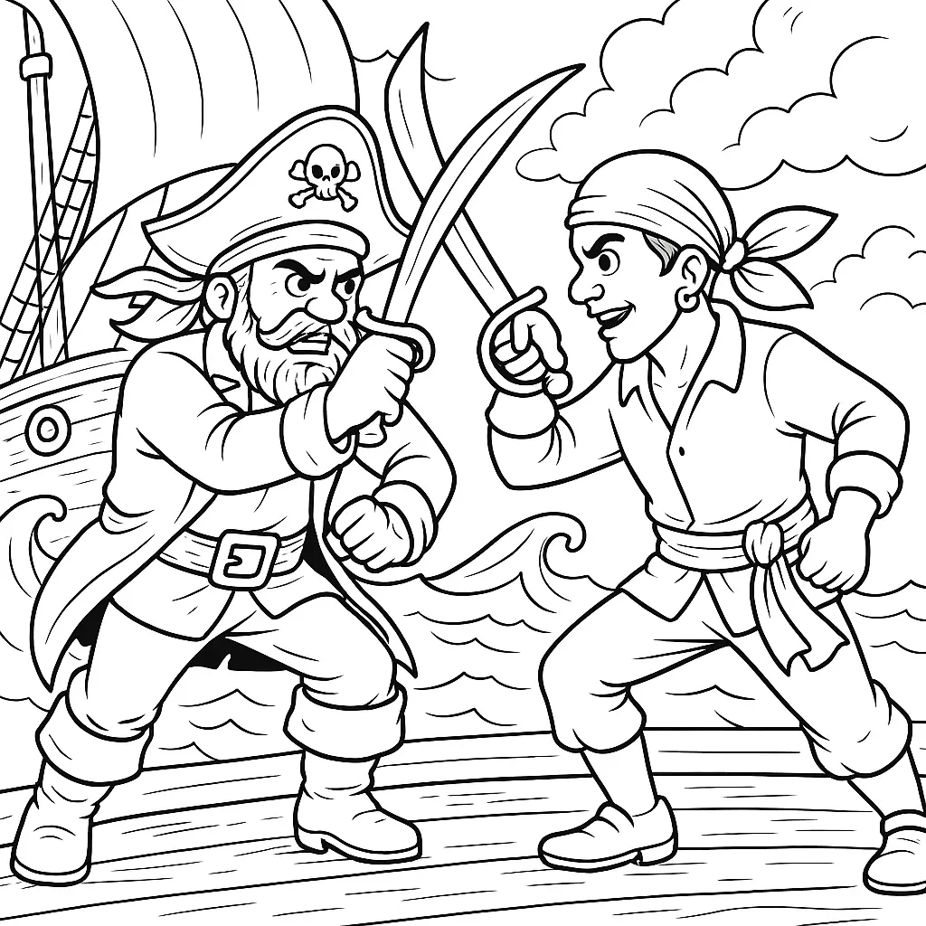 Zwei Piraten kämpfen mit Schwertern auf einem Schiff – Piraten Ausmalbild