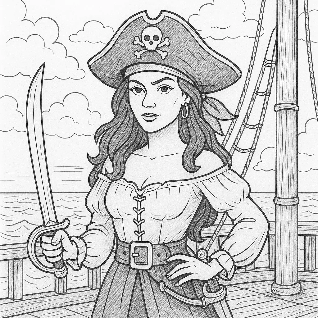 Piraten Malvorlage – mutige Piratin mit Schwert auf einem Piratenschiff