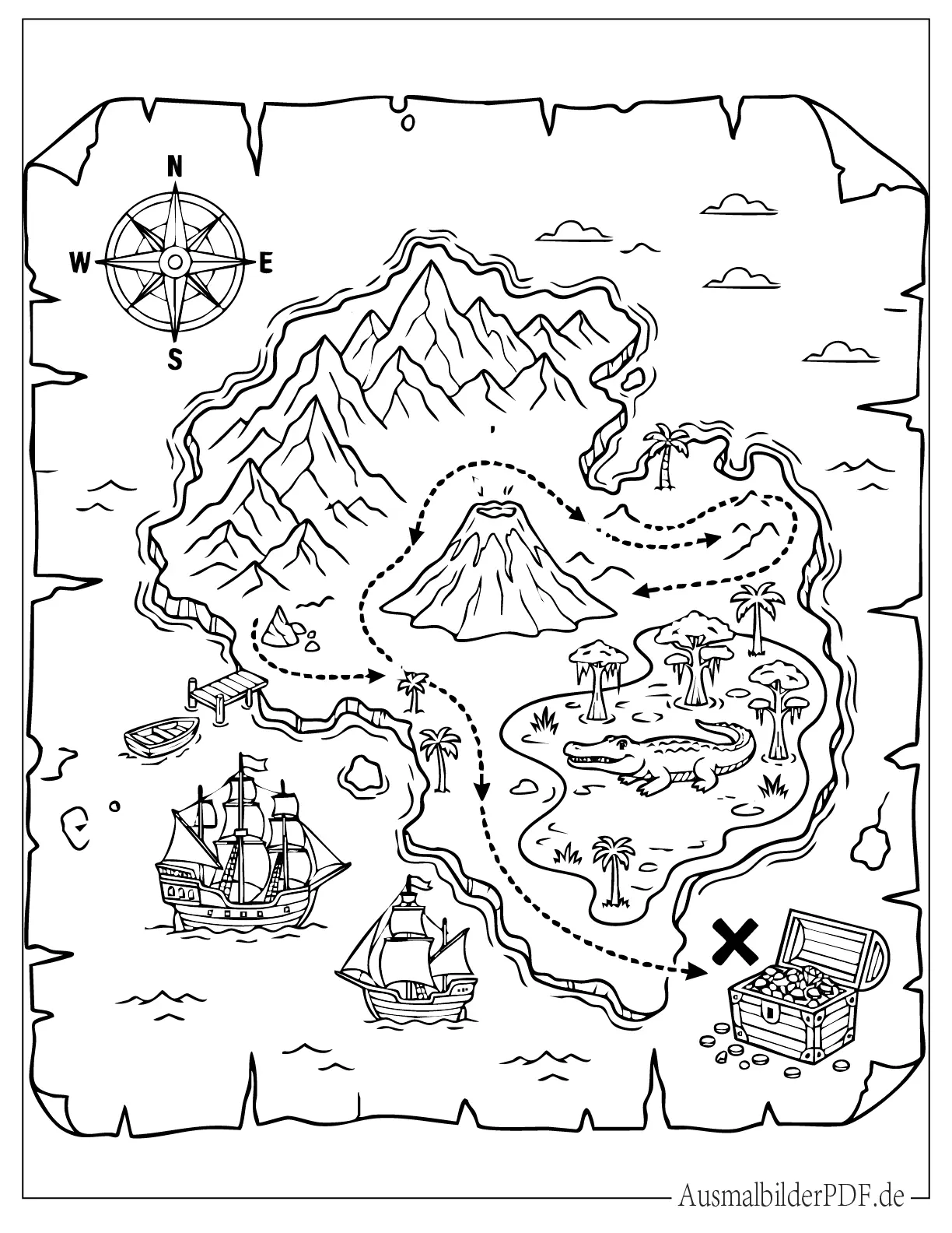 Detailreiche Piraten Schatzkarte Ausmalbild