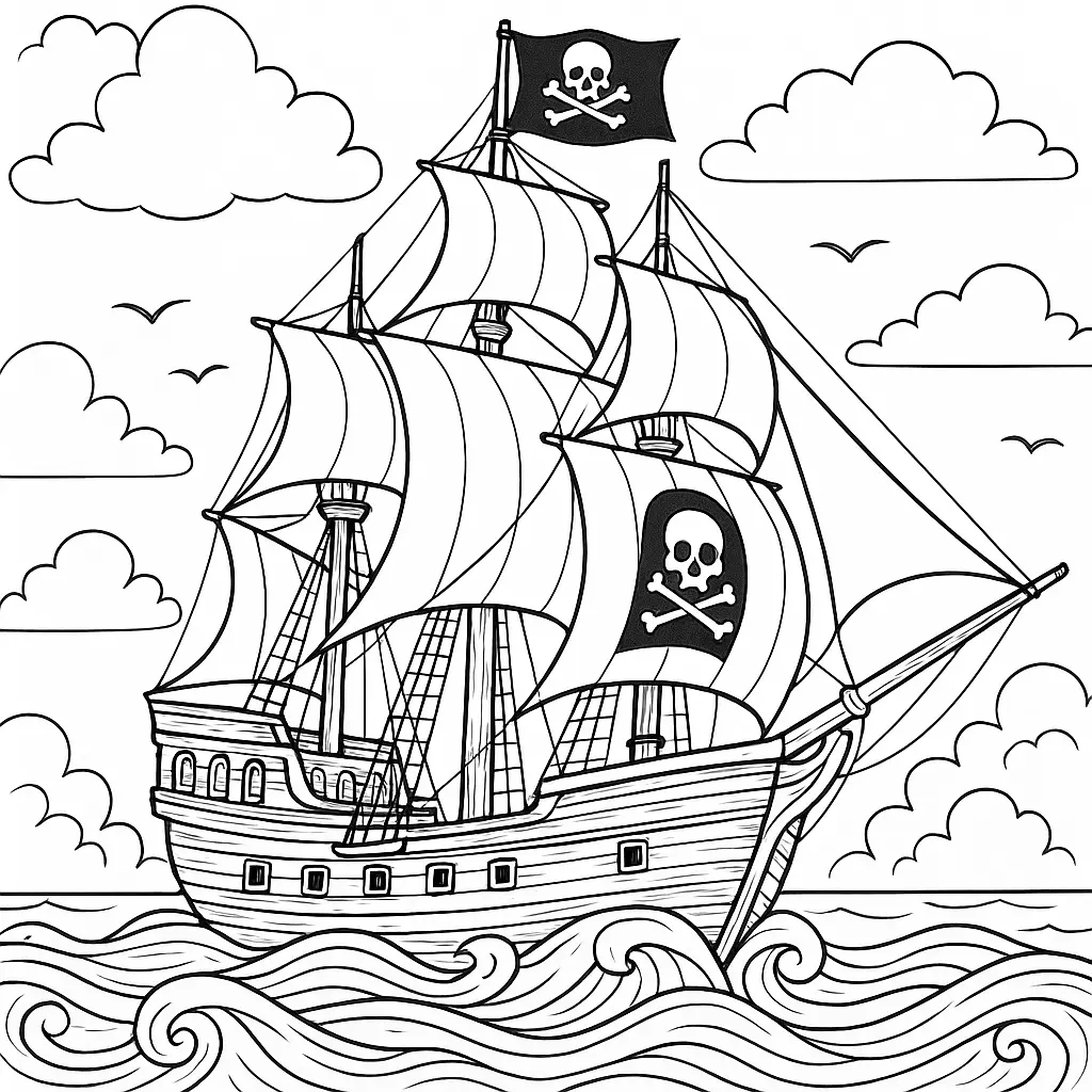 Piraten Schiff mit großen Segeln und Totenkopf-Flagge auf hoher See – Ausmalbild