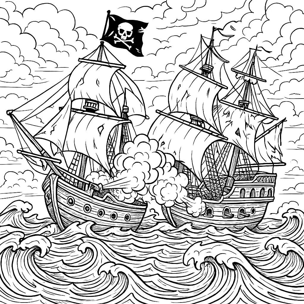 Zwei Piratenschiffe im Kanonenkampf auf stürmischer See – Piraten Ausmalbild
