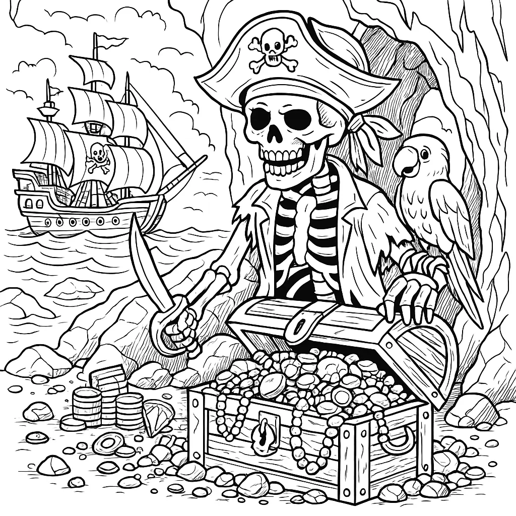 Piraten Skelett mit Schatztruhe voller Gold und Juwelen am Strand – Ausmalbild zum Ausdrucken