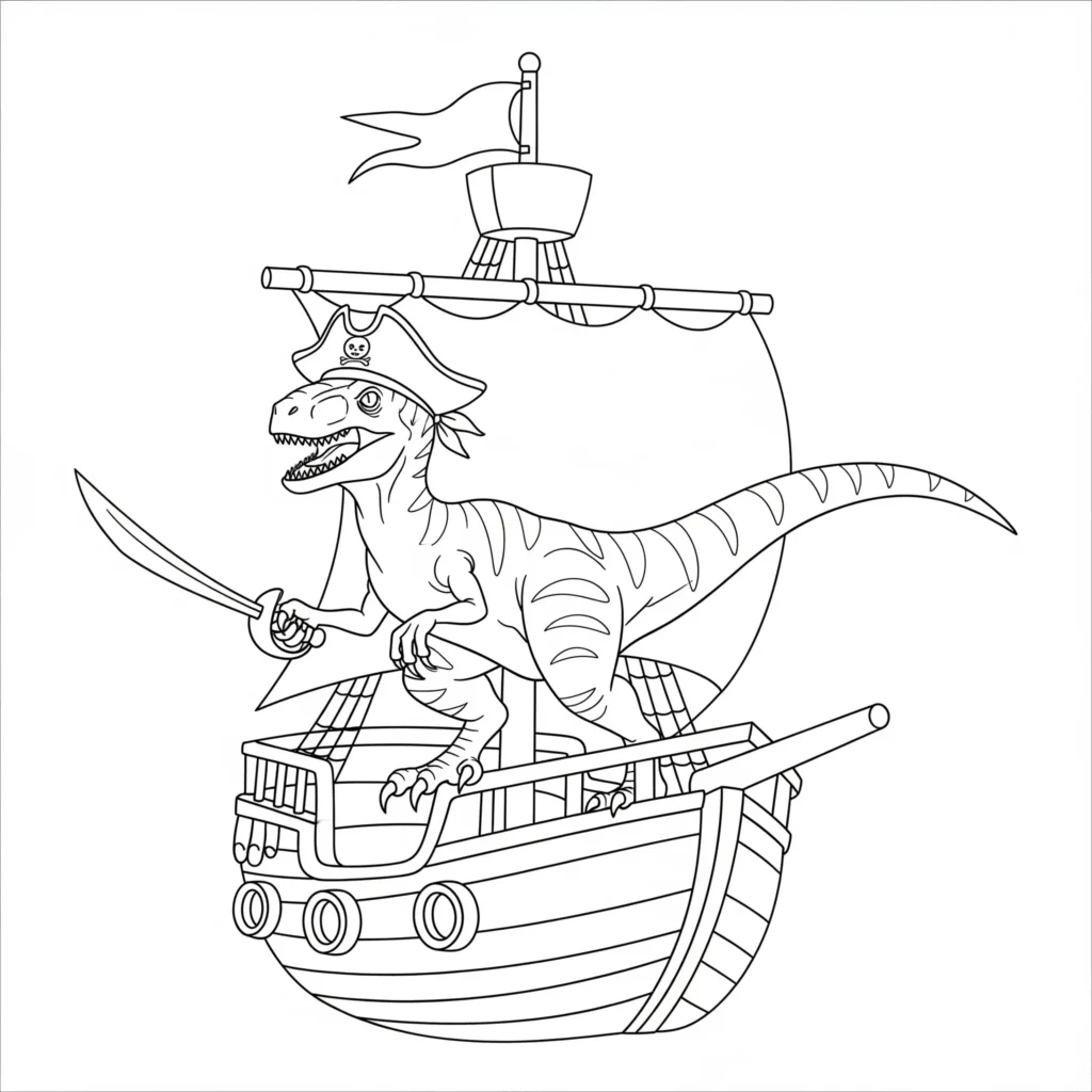 velociraptor ausmalbilder für kinder mit einem dinosaurier im piratenkostüm der auf einem segelschiff steht ideal zum ausmalen und spielen