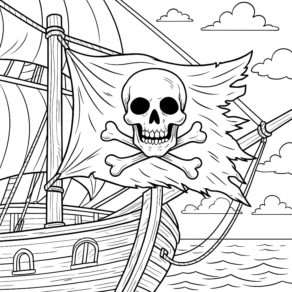 Piratenflagge mit Totenkopf und gekreuzten Knochen – Ausmalbild zum Ausdrucken