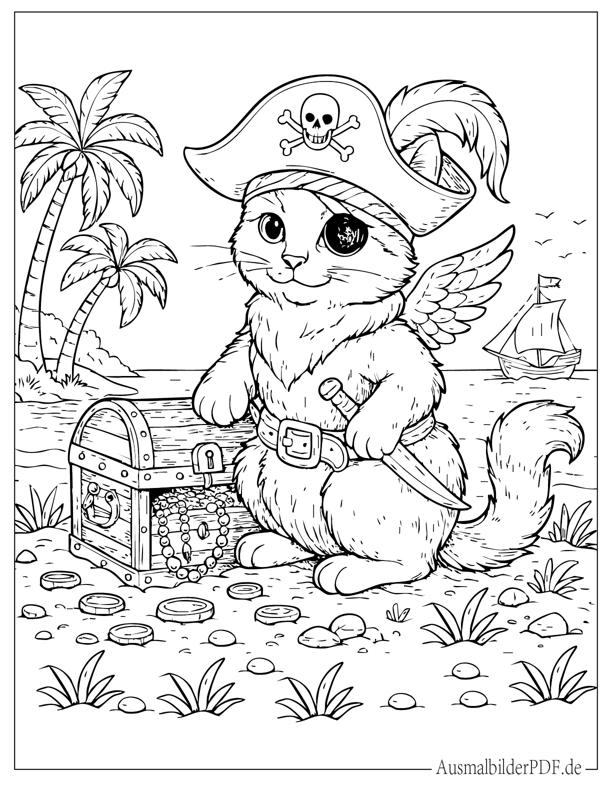 Piratenkatze mit Augenklappe und Piratenhut auf einer Schatzinsel Ausmalbild