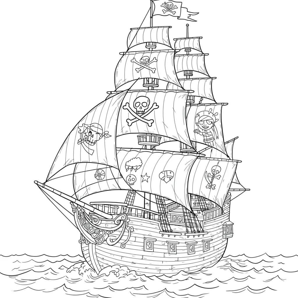 Piratenschiff Ausmalbilder mit Piraten auf dem Meer – Piratenschiff Ausmalbilder zum Ausdrucken kostenlos für Kinder