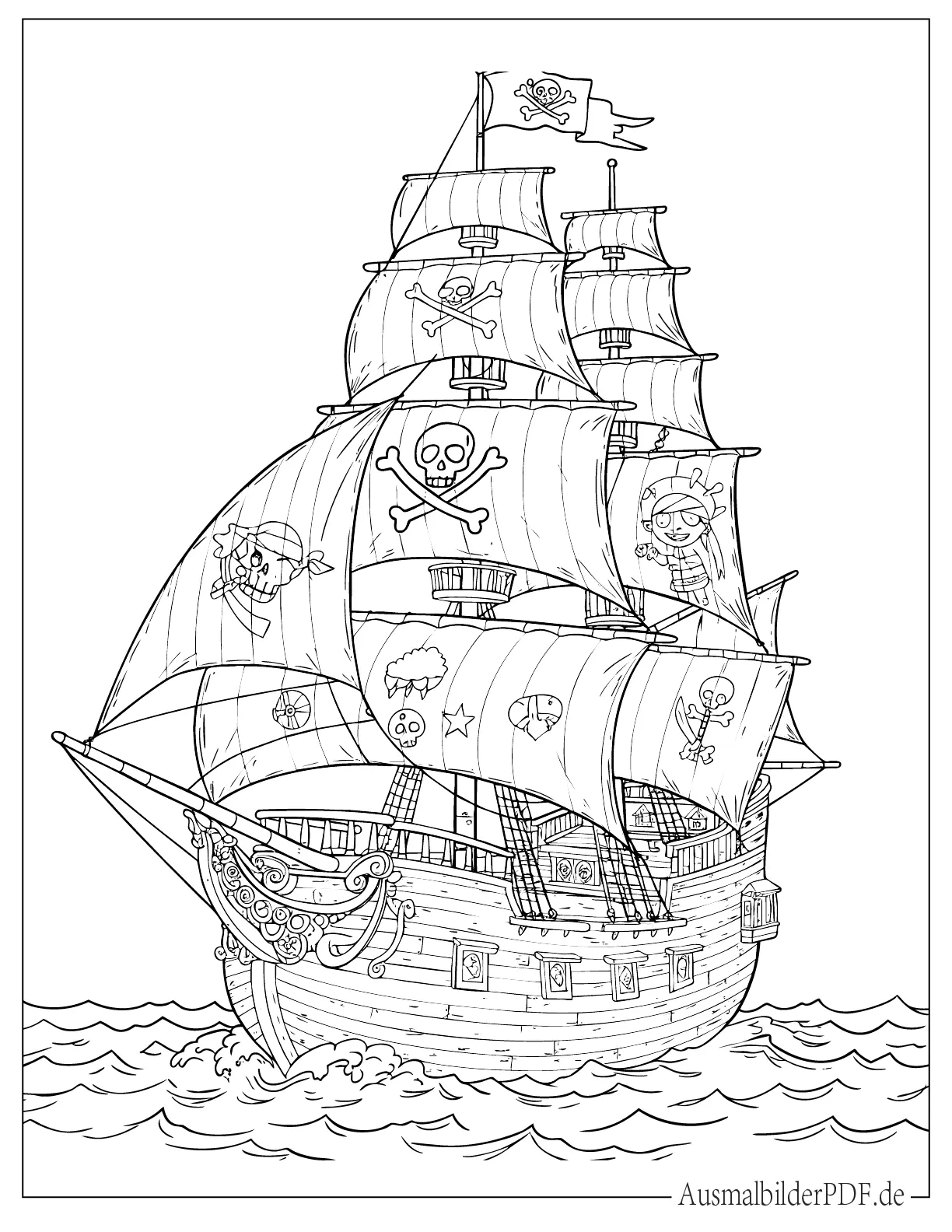 Piratenschiff mit Flaggen druckbares Ausmalbild