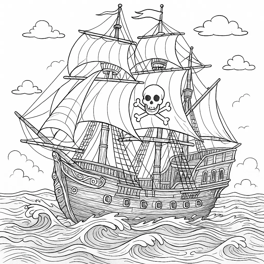 Piratenschiff Ausmalbild – großes Segelschiff mit Totenkopfflagge auf stürmischer See