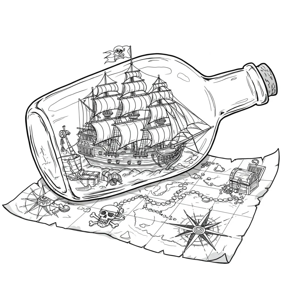 Piratenschiff in der Flasche Ausmalbild mit detailliertem Segelschiff in Glasflasche – kostenlose Piratenschiff Ausmalbilder als PDF für Kinder