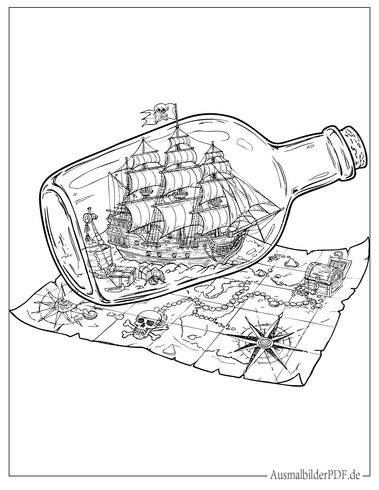 Druckvorlage eines Piratenschiffs in einer Flasche, detailreiches ausmalbild für Kinder und Erwachsene zum Ausdrucken