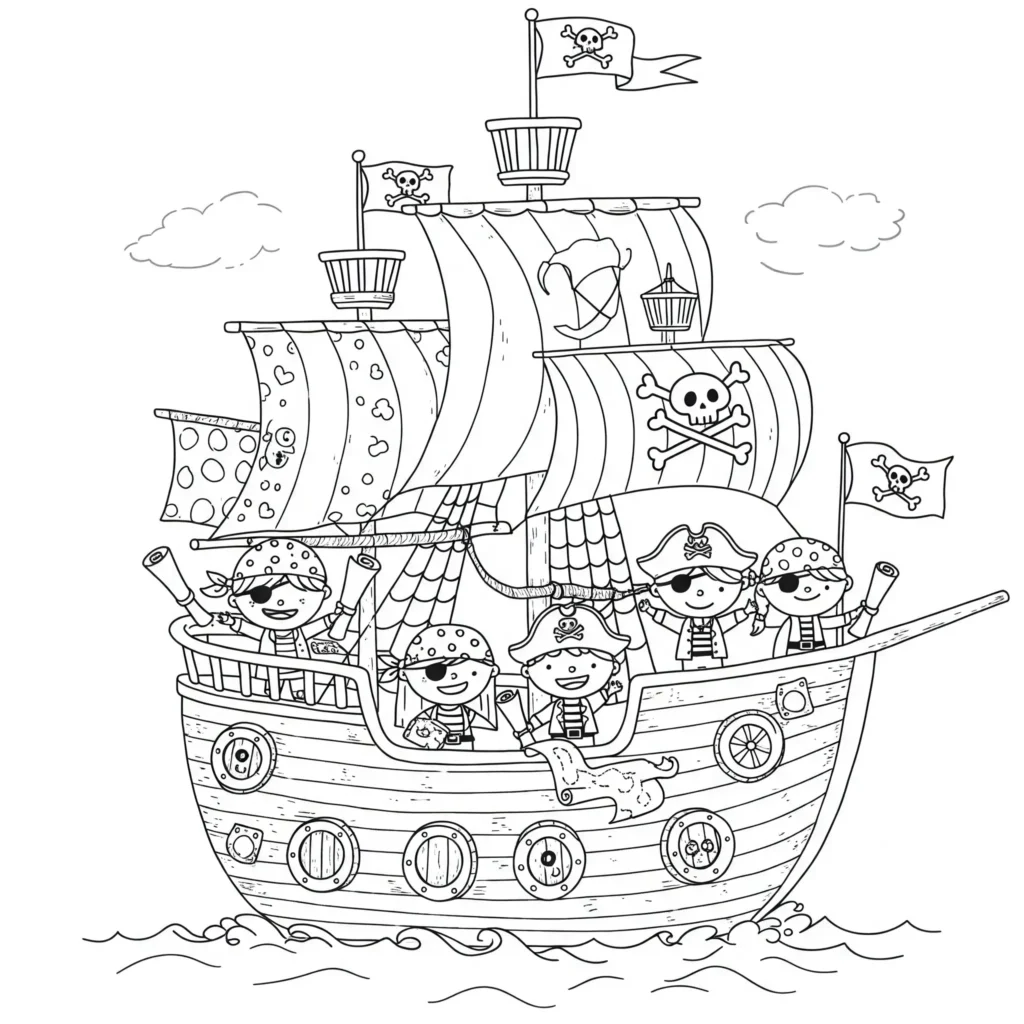 Einfache Piratenschiff Malvorlage mit Kindern als Piraten auf dem Schiff – kostenlose Piratenschiff Malvorlagen zum Ausdrucken für Kinder