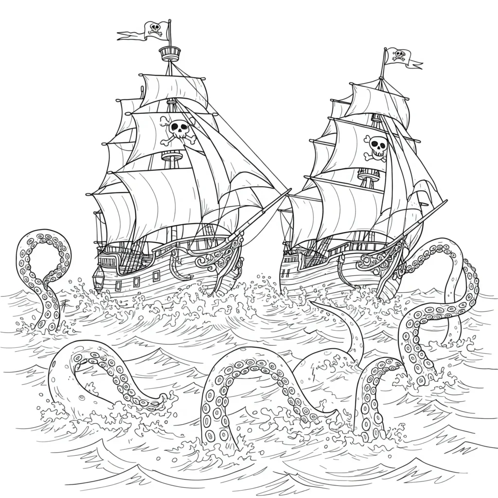 Piratenschiff Ausmalbild mit Kampf gegen ein großes Meeresungeheuer und Tentakeln aus dem Ozean – kostenlose Piratenschiff Ausmalbilder für Kinder als PDF